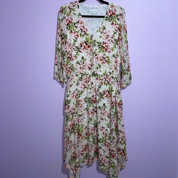 J Jill Pebble Hydrangea Floral Maxi Dress Women MP Pink Asymmetrical Pockets - Picture 1 of 9
